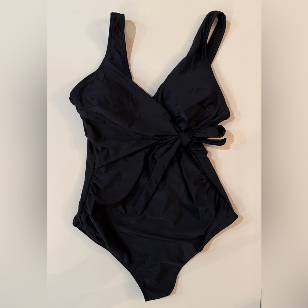 Maternity Swimsuit Black Side-Tie V-Neck One-Piece Bow Size L NWT